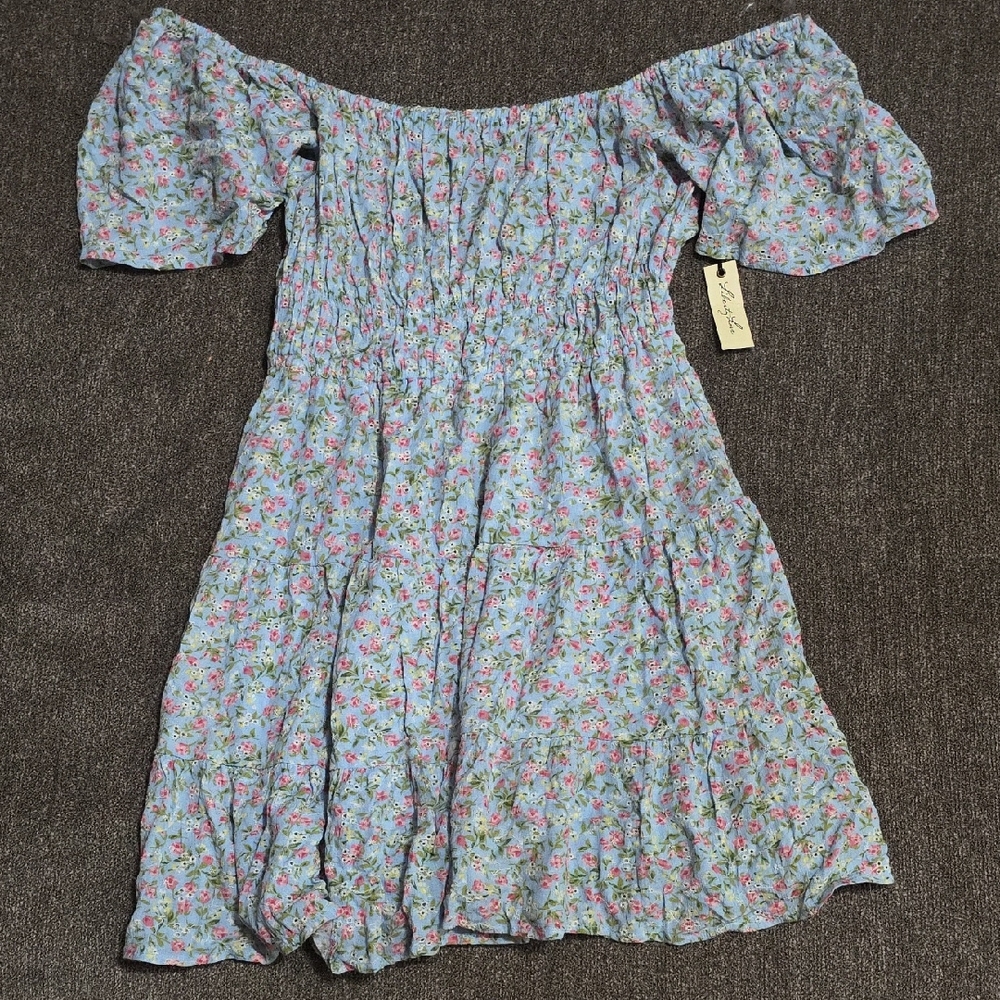 Liberty Love Floral Off-Shoulder Mini Dress - Blue and Pink